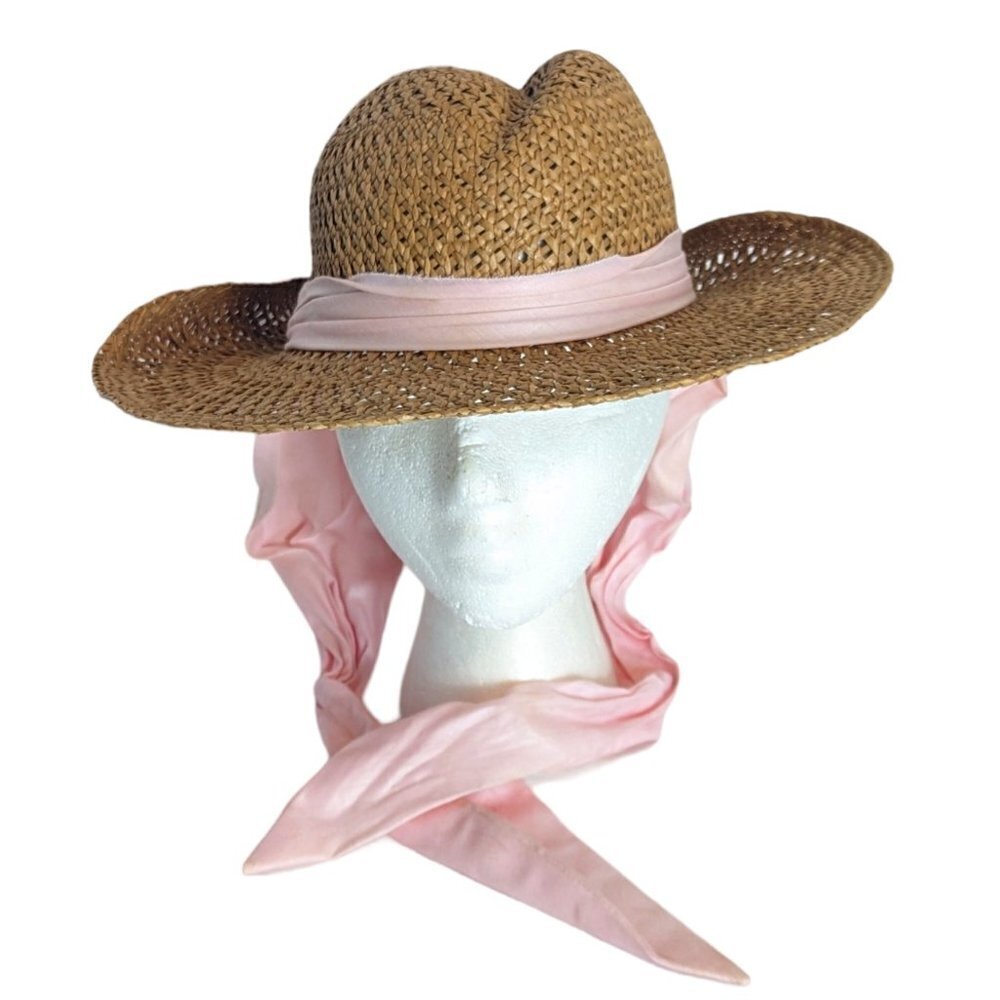 Cottage Core Straw Hat Neck SPF Scarf‎ Sun Beach Coastal Boho Wide Brim